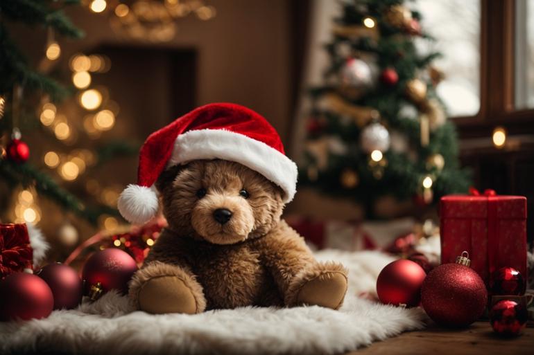 PhotoReal_Baby_Teddybear_with_Christmas_hat_surrounded_by_Chri_0