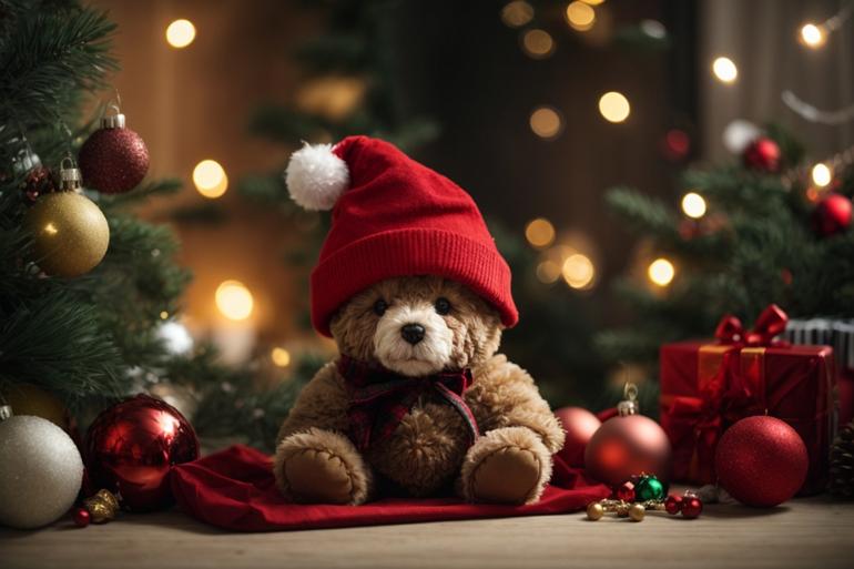 PhotoReal_Baby_Teddybear_with_Christmas_hat_surrounded_by_Chri_1