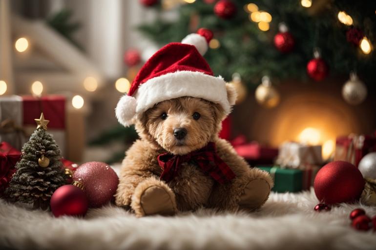PhotoReal_Baby_Teddybear_with_Christmas_hat_surrounded_by_Chri_2