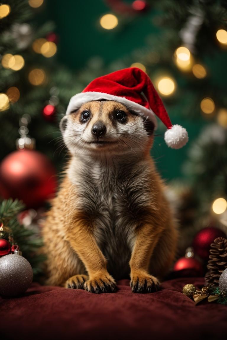 PhotoReal_meerkat_with_Christmas_hat_surrounded_by_Christmas_e_1