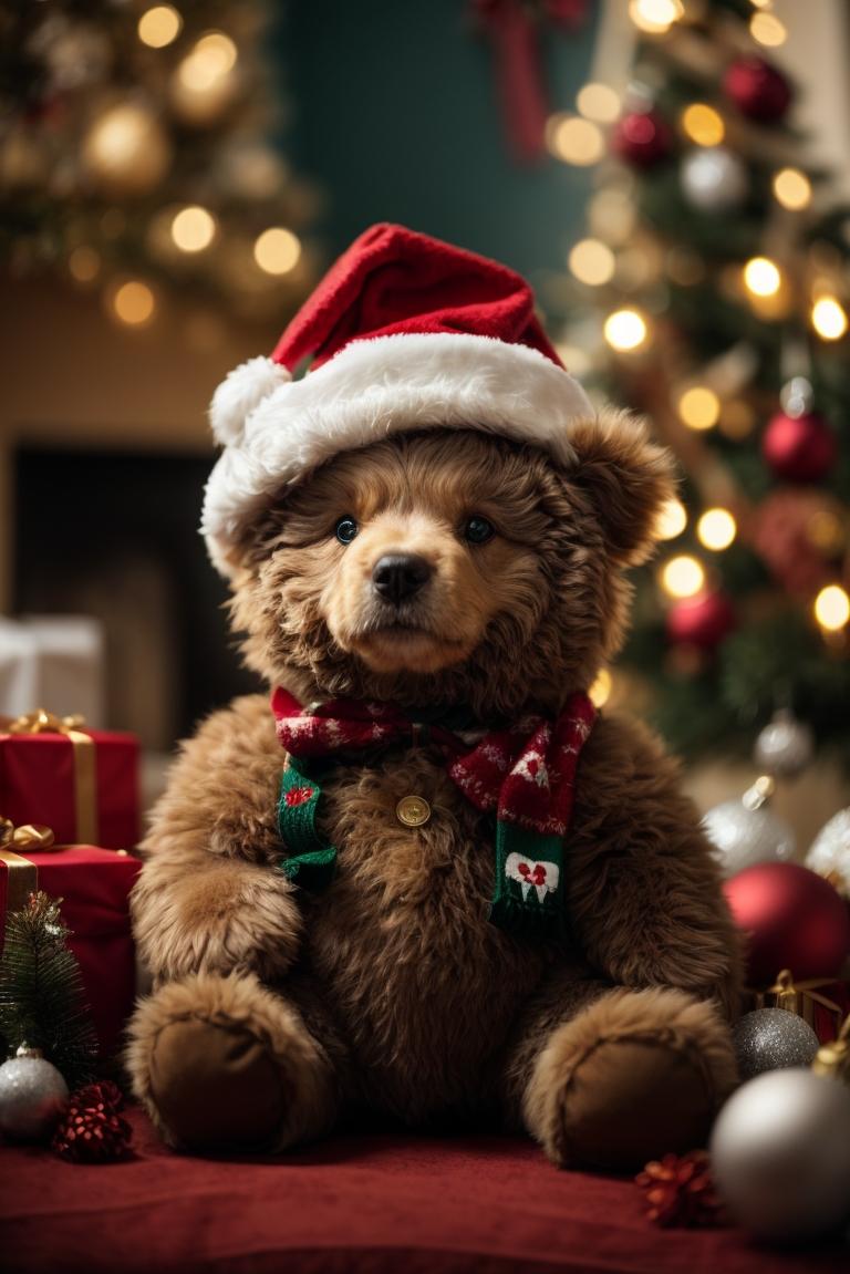 PhotoReal_teddybear_with_Christmas_hat_surrounded_by_Christmas_0